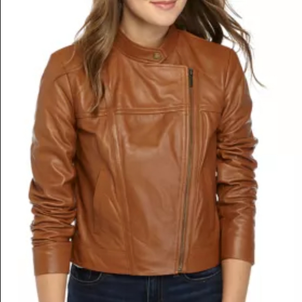 RARE NWT Michael Kors Brown ZipUp Genuine Leather Viral Moto Coat Jacket 3XL